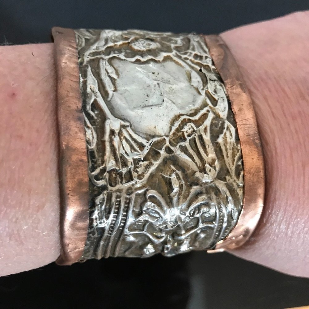 Antique Victorian Sterling Silver Green Man Copper Cuff 925 Bracelet Art Nouveau